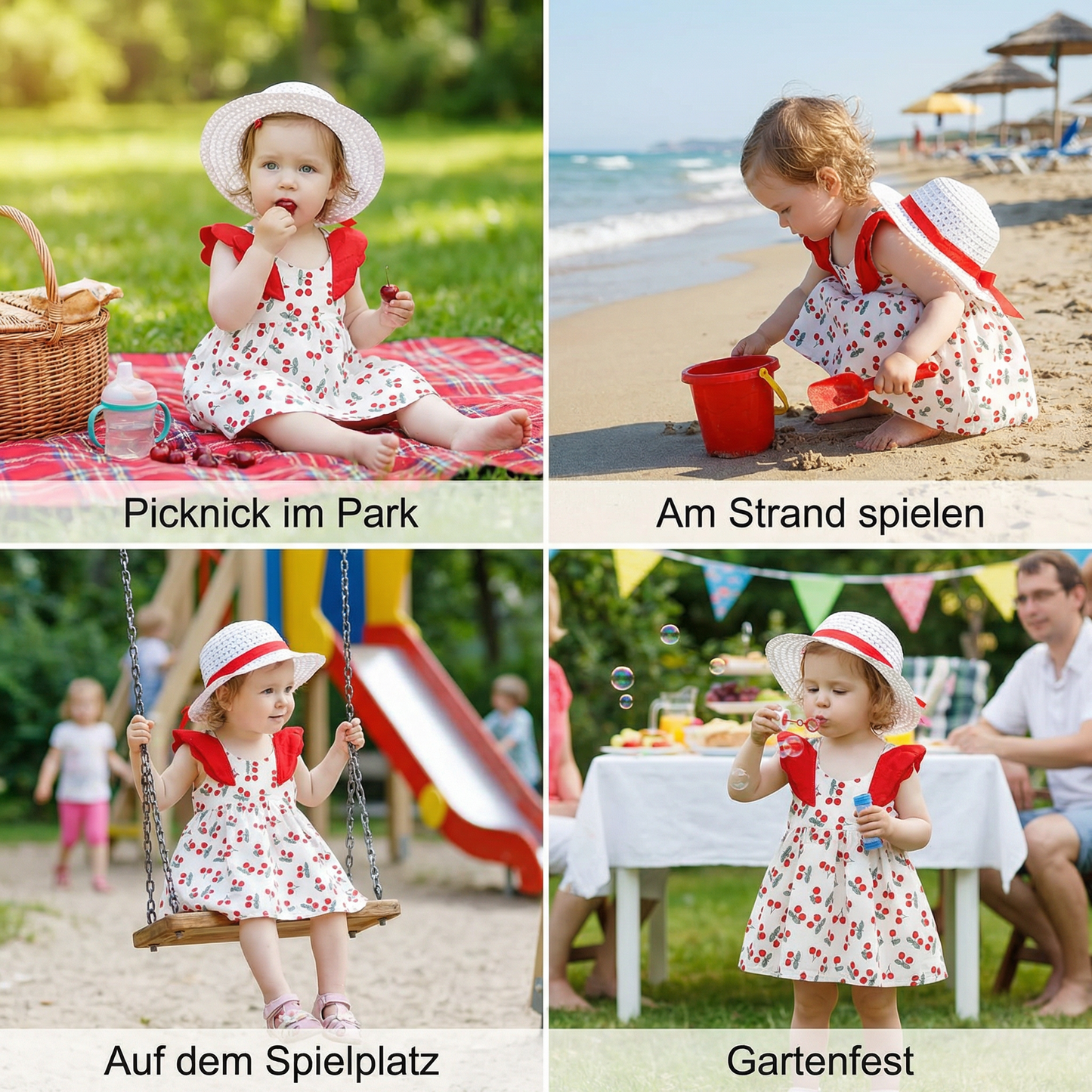 Sommerliches 2in1 Set Mädchenkleid mit Kirschmuster im Koreanischen Stil inkl. Strohhut