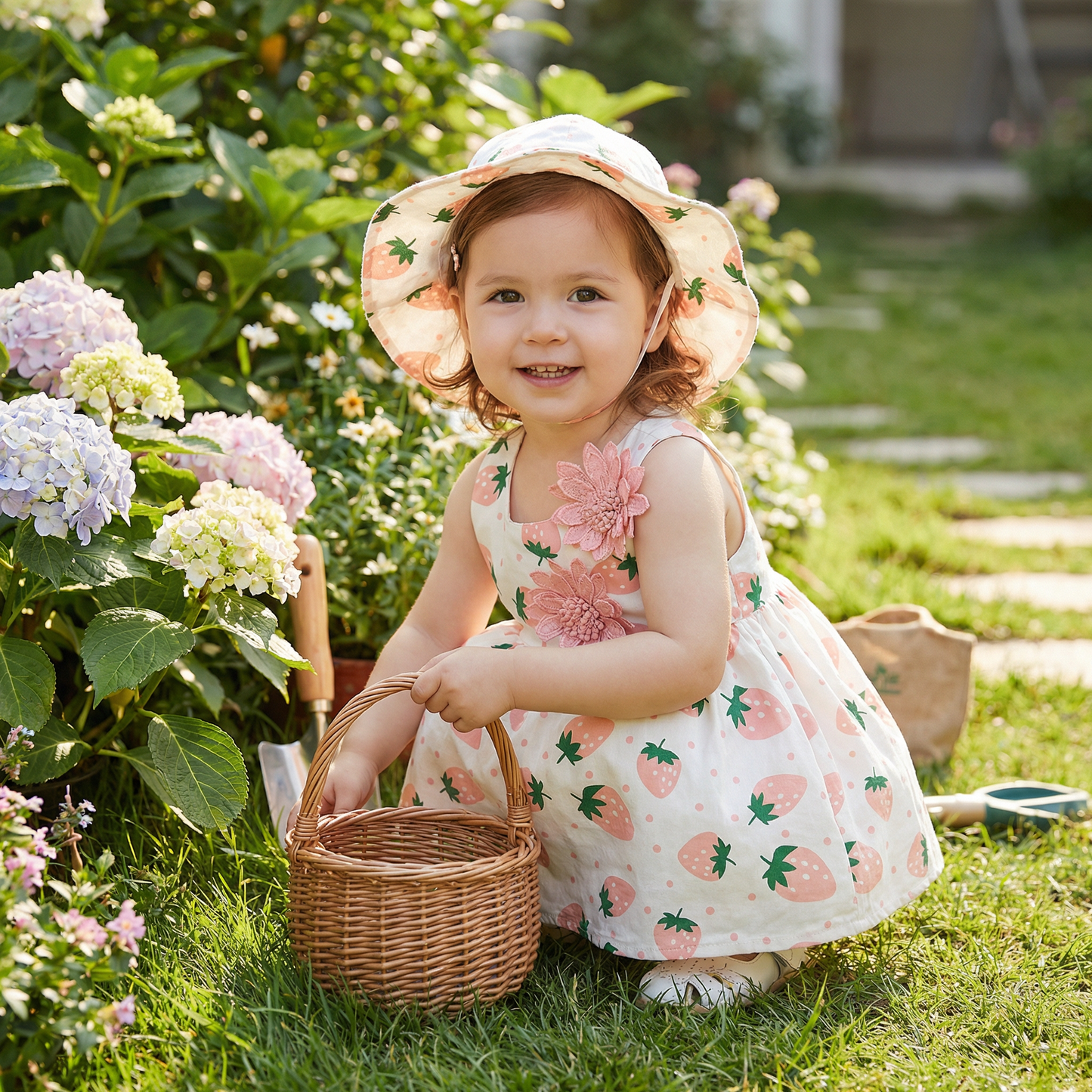 Sommerliches 2in1 Set  Ärmelloses Mädchenkleid mit Erdbeer-Muster inkl. Hut