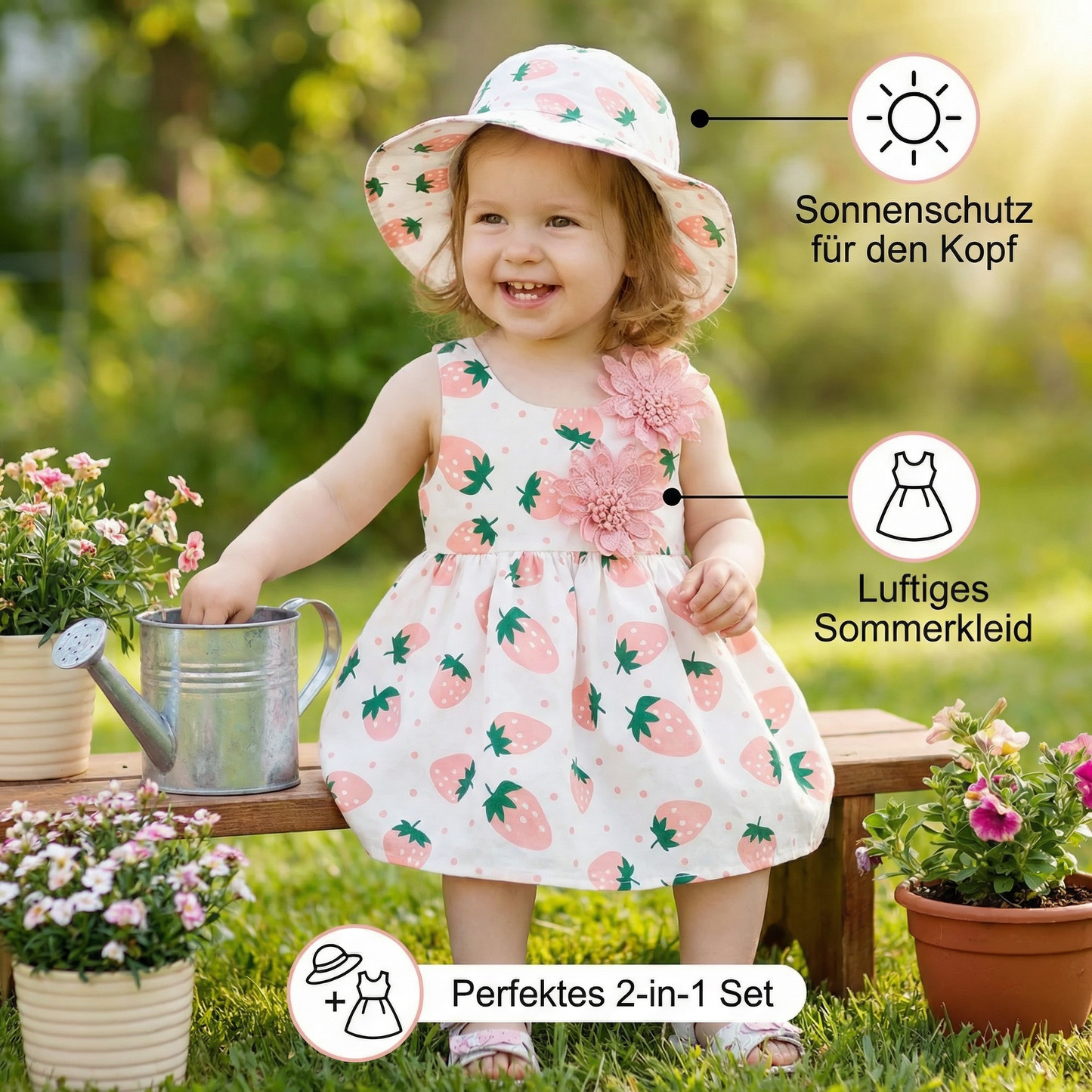 Sommerliches 2in1 Set  Ärmelloses Mädchenkleid mit Erdbeer-Muster inkl. Hut