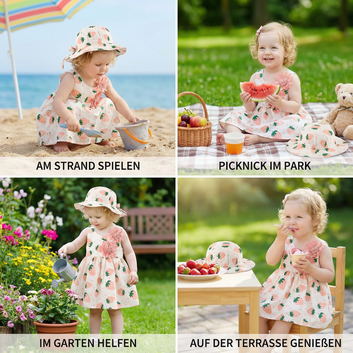 Sommerliches 2in1 Set  Ärmelloses Mädchenkleid mit Erdbeer-Muster inkl. Hut