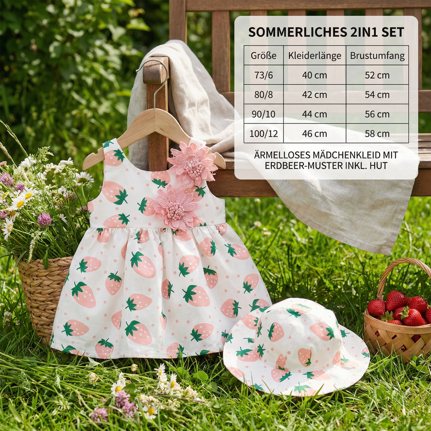 Sommerliches 2in1 Set  Ärmelloses Mädchenkleid mit Erdbeer-Muster inkl. Hut