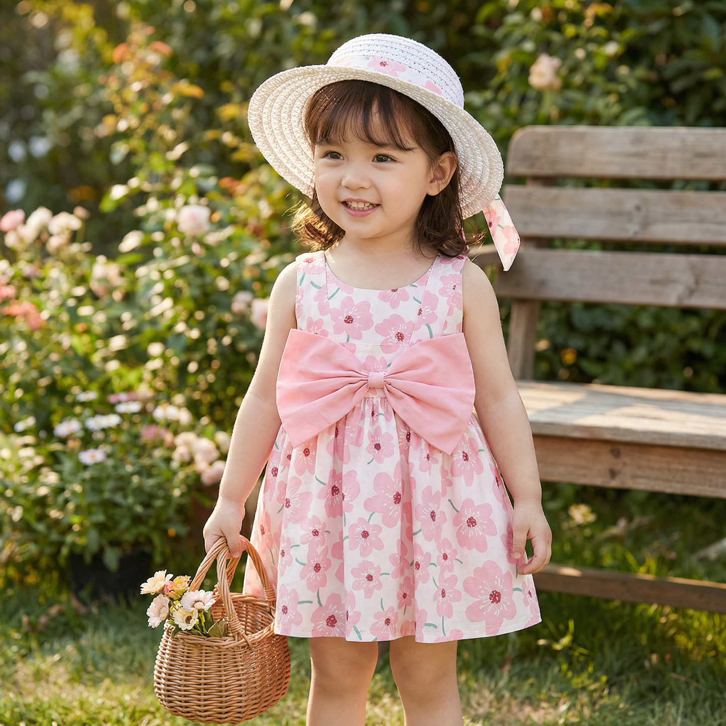 2in1 Koreanisches Trägerkleid für Mädchen mit Schleife im Blumen Design und Hut