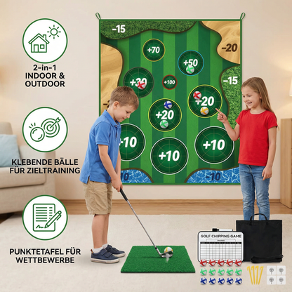 Klebendes 2in1 Golf Trainings- & Spielset – Indoor & Outdoor Abschlagmatte mit Zielwand & Schläger