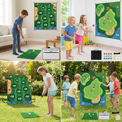 Klebendes 2in1 Golf Trainings- & Spielset – Indoor & Outdoor Abschlagmatte mit Zielwand & Schläger
