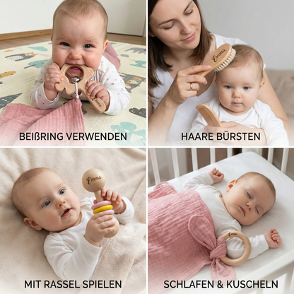 Personalisiertes 6-teiliges Geschenkset aus Holz & Musselin – Beißringe, Rasseln, Haarbürsten & Kuscheltuch mit Namen