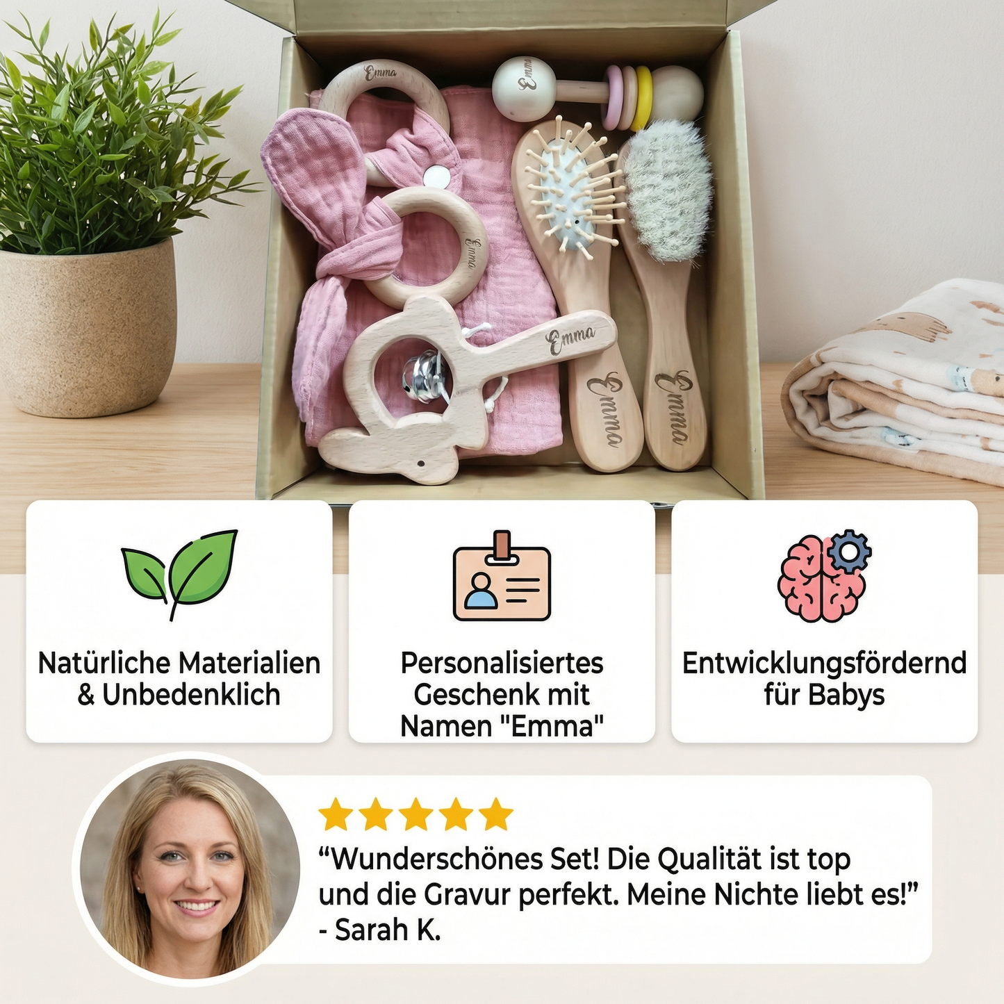 Personalisiertes 6-teiliges Geschenkset aus Holz & Musselin – Beißringe, Rasseln, Haarbürsten & Kuscheltuch mit Namen
