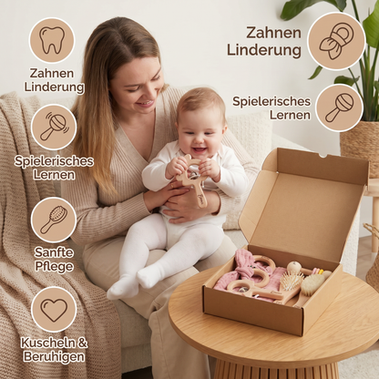 Personalisiertes 6-teiliges Geschenkset aus Holz & Musselin – Beißringe, Rasseln, Haarbürsten & Kuscheltuch mit Namen