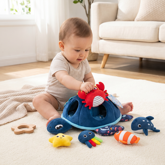 Montessori Schildkröten Entdecker-Spielzeug – Weiches Sensorik-Stoffspiel für Babys