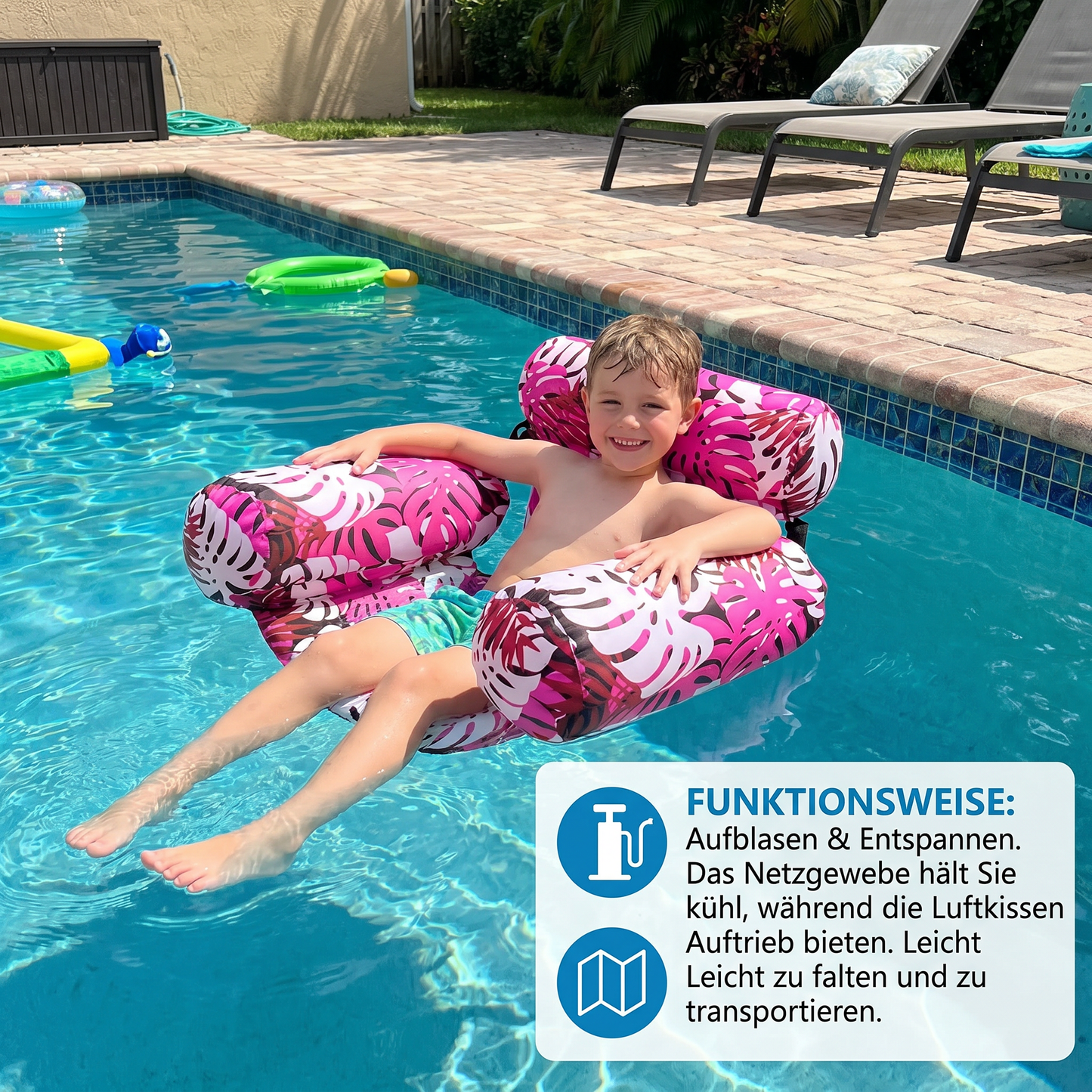 Aufblasbare Pool-Hängematte mit Rückenlehne – Faltbare Wasserliege