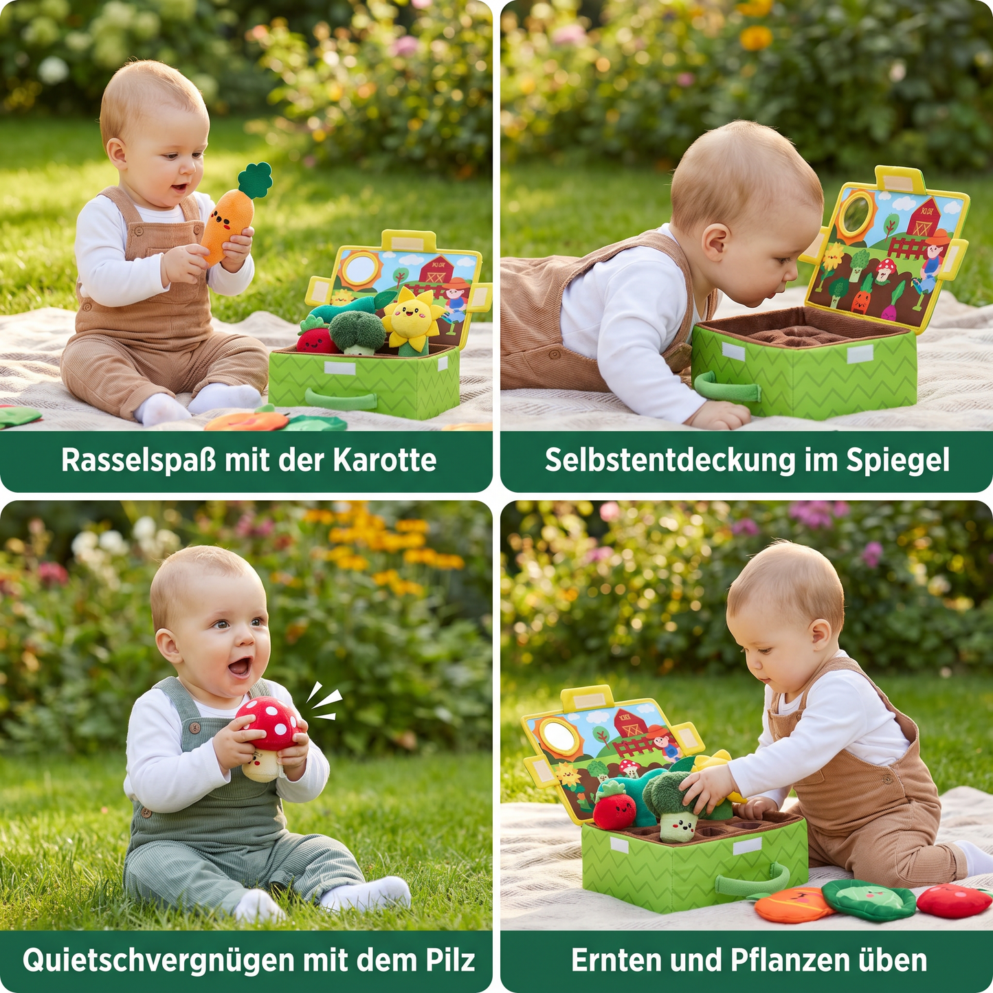 Montessori Garten-Sensorikspielzeug für Babys – Plüsch Obst & Gemüse Set mit Rassel, Spiegel & Quietschfunktion