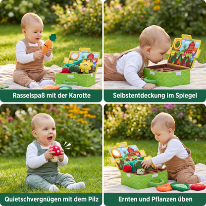 Montessori Garten-Sensorikspielzeug für Babys – Plüsch Obst & Gemüse Set mit Rassel, Spiegel & Quietschfunktion