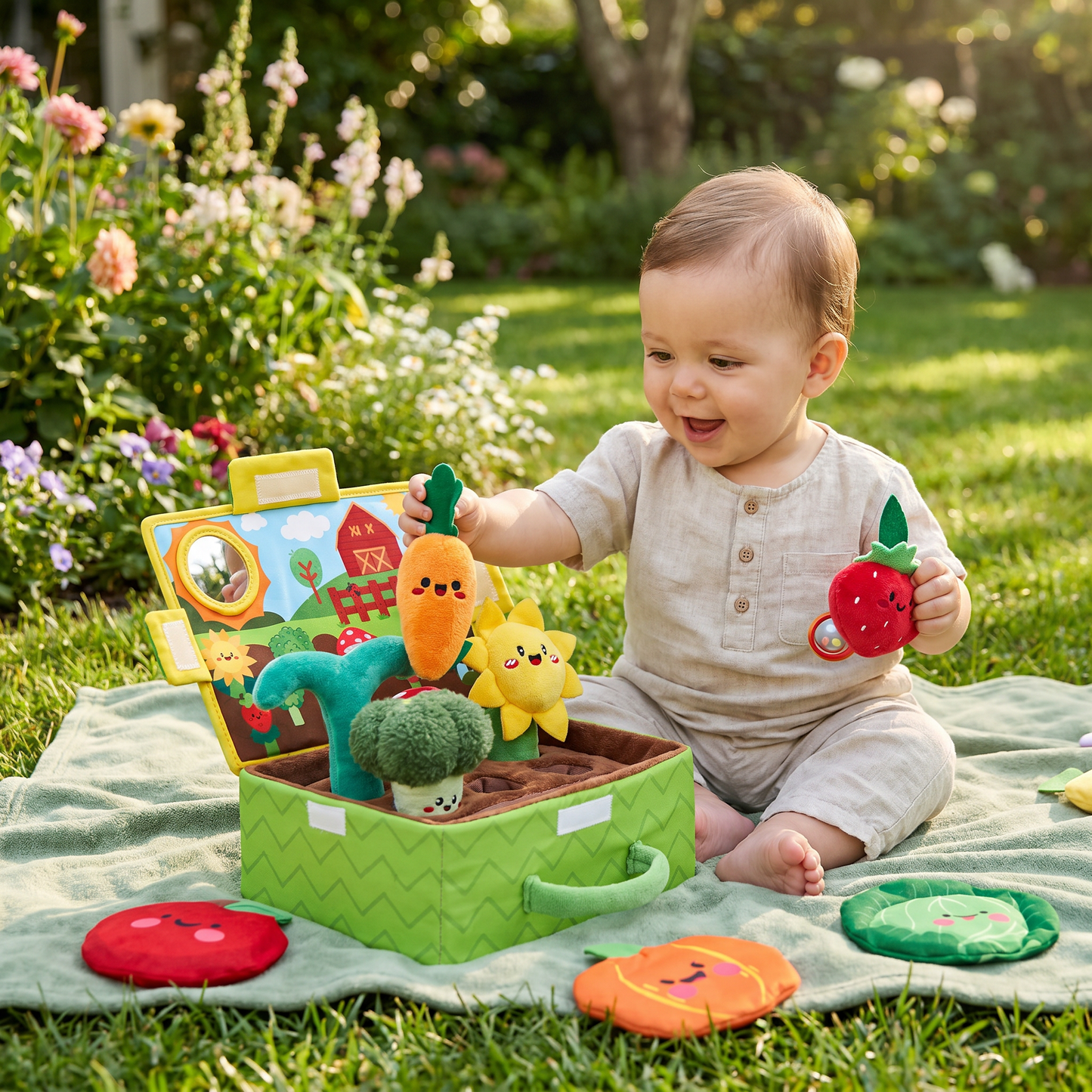 Montessori Garten-Sensorikspielzeug für Babys – Plüsch Obst & Gemüse Set mit Rassel, Spiegel & Quietschfunktion