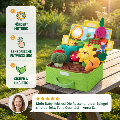 Montessori Garten-Sensorikspielzeug für Babys – Plüsch Obst & Gemüse Set mit Rassel, Spiegel & Quietschfunktion