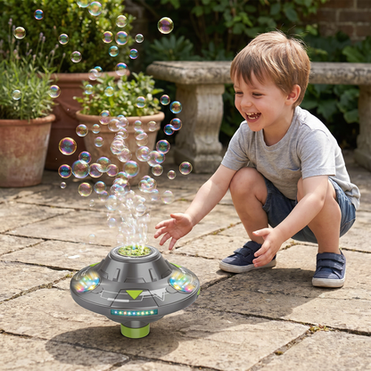 Leuchtende UFO-Seifenblasenmaschine für Kinder – Wiederaufladbarer Blasen Kreisel mit Lichteffekten