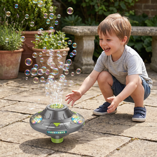 Leuchtende UFO-Seifenblasenmaschine für Kinder – Wiederaufladbarer Blasen Kreisel mit Lichteffekten