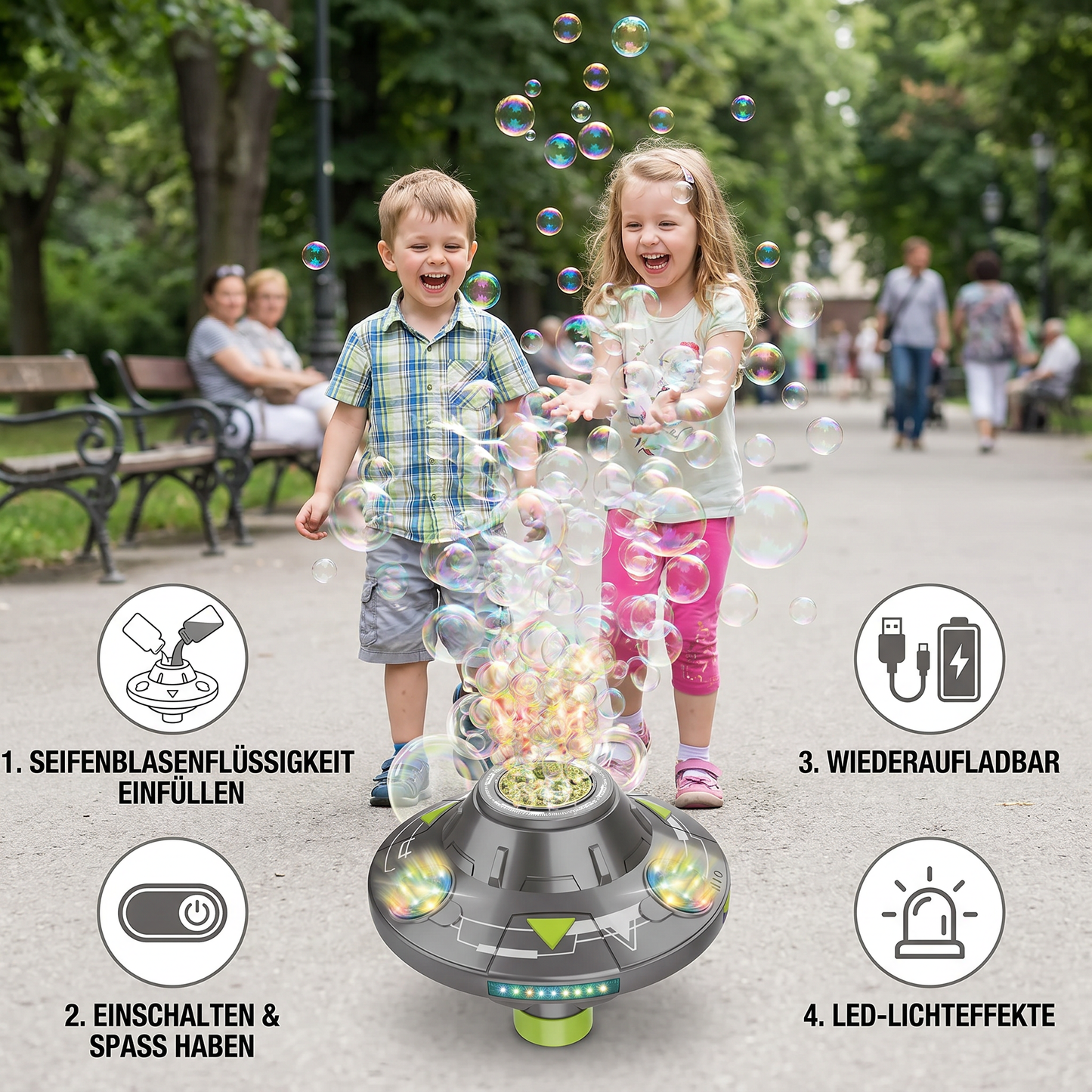 Leuchtende UFO-Seifenblasenmaschine für Kinder – Wiederaufladbarer Blasen Kreisel mit Lichteffekten