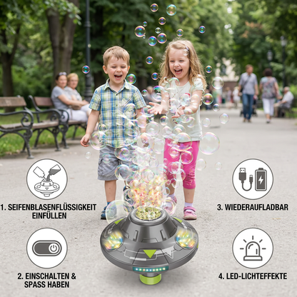 Leuchtende UFO-Seifenblasenmaschine für Kinder – Wiederaufladbarer Blasen Kreisel mit Lichteffekten