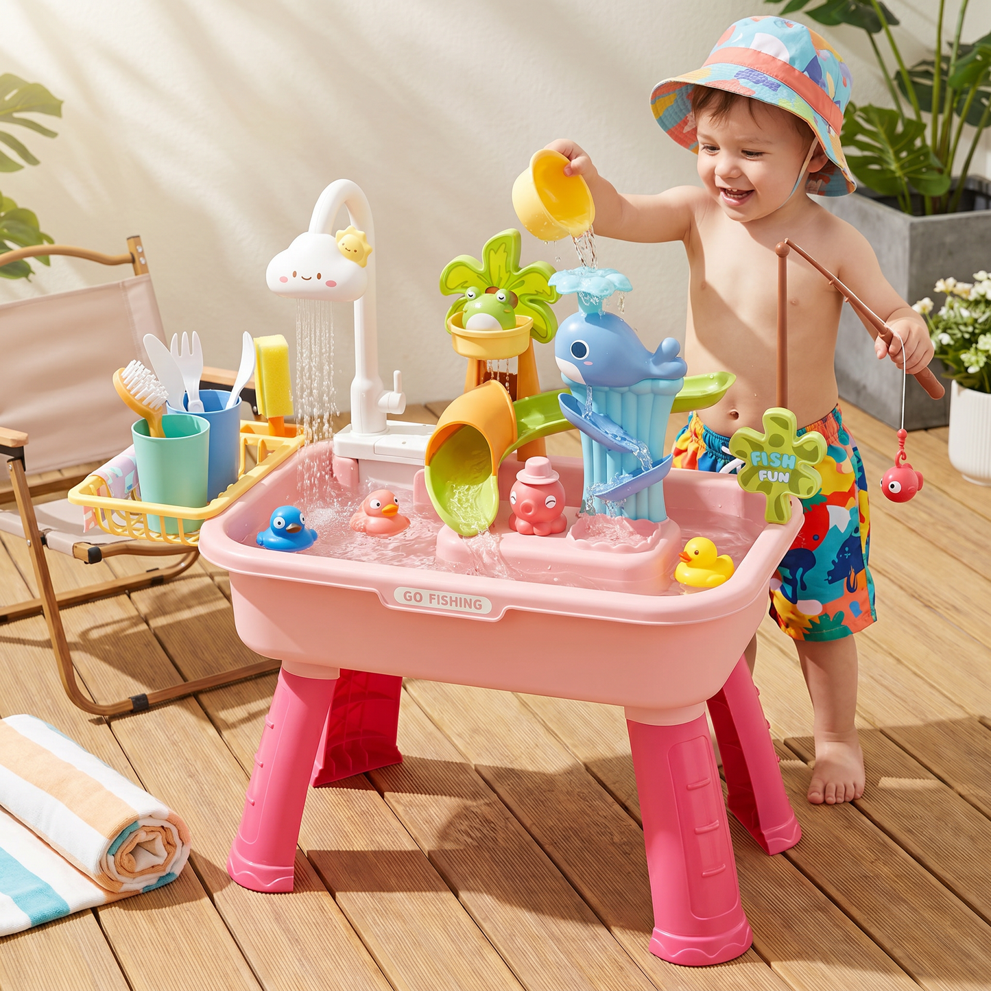 Sommer Wasser-Spieltisch mit automatischem Wasserfluss – Interaktives Spielset für Kinder