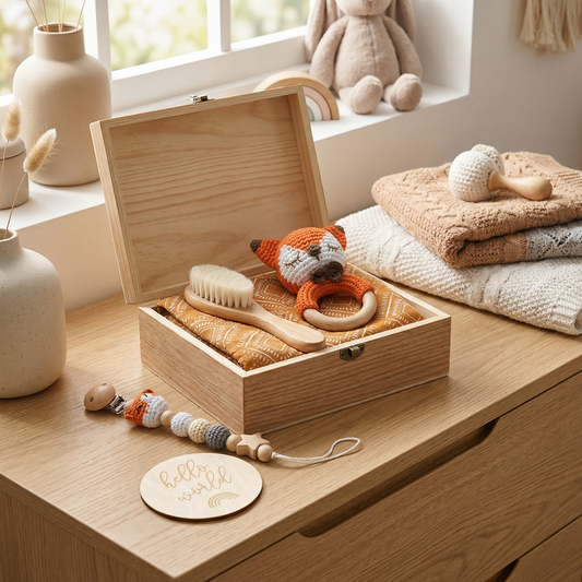 Neugeborenen Geschenkbox – Häkel-Tier Rassel, Holzspielzeug, Musselin Decke & Schnullerkette