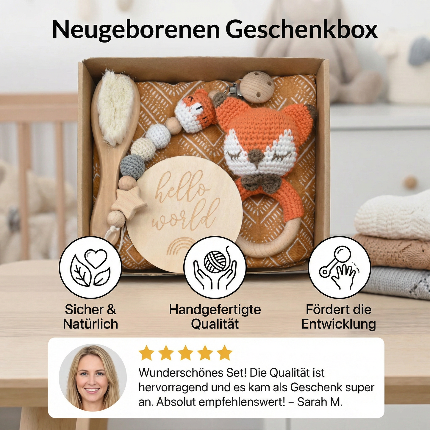 Neugeborenen Geschenkbox – Häkel-Tier Rassel, Holzspielzeug, Musselin Decke & Schnullerkette