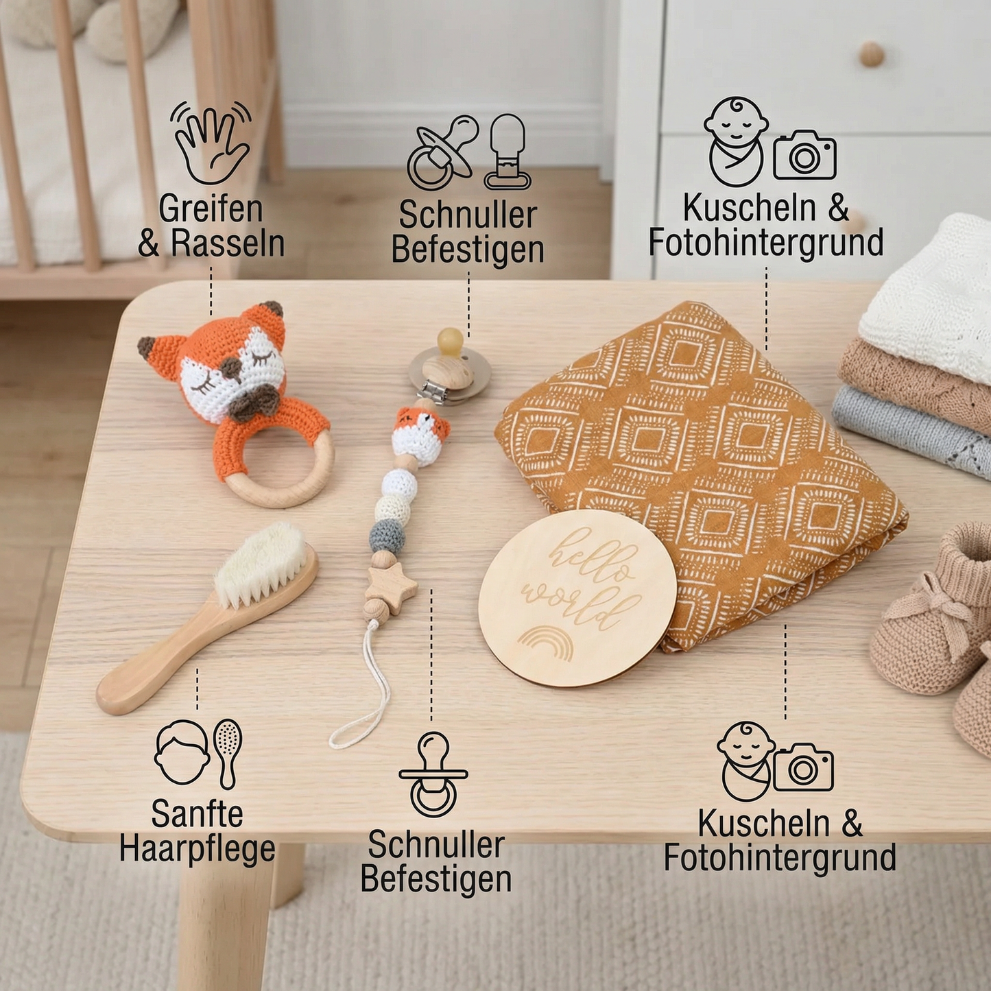 Neugeborenen Geschenkbox – Häkel-Tier Rassel, Holzspielzeug, Musselin Decke & Schnullerkette