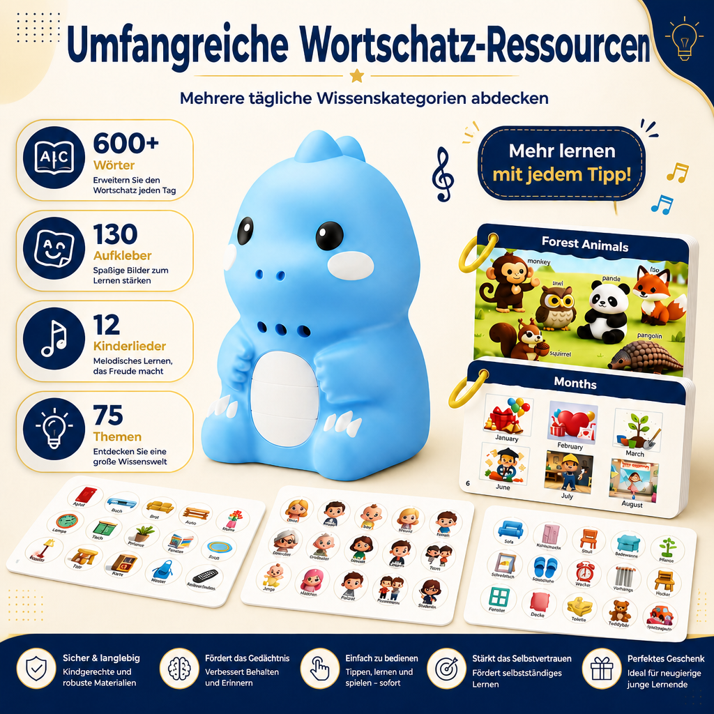 Interaktive Dinosaurier-Sprechkarten & Sticker – Montessori-Lernset für Phonetik & Sichtwörter