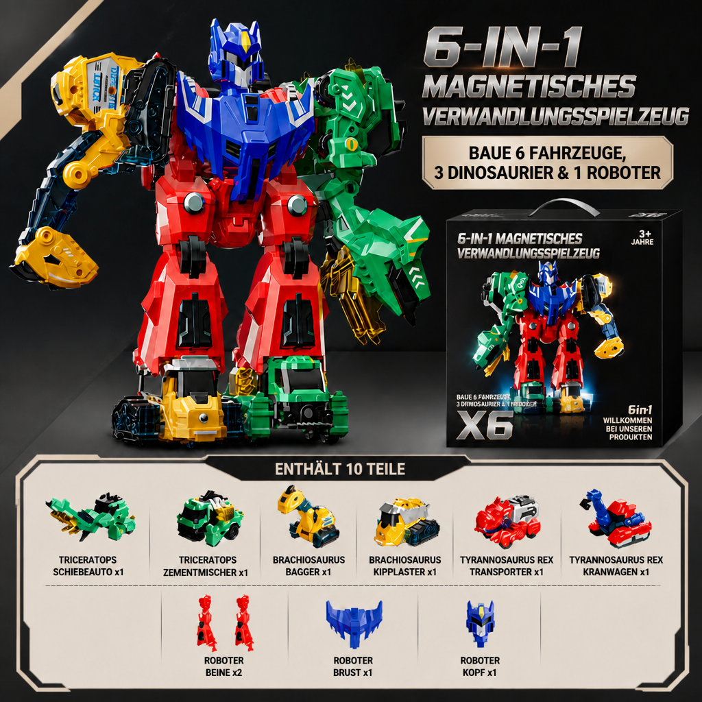 6-in-1 Magnetisches Verwandlungsspielzeug – Baue 6 Fahrzeuge, 3 Dinosaurier & 1 Roboter