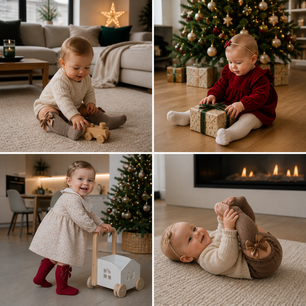 Weihnachtliche Kniestrümpfe für Baby-Mädchen mit Samtschleifen