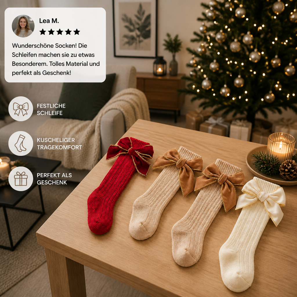 Weihnachtliche Kniestrümpfe für Baby-Mädchen mit Samtschleifen