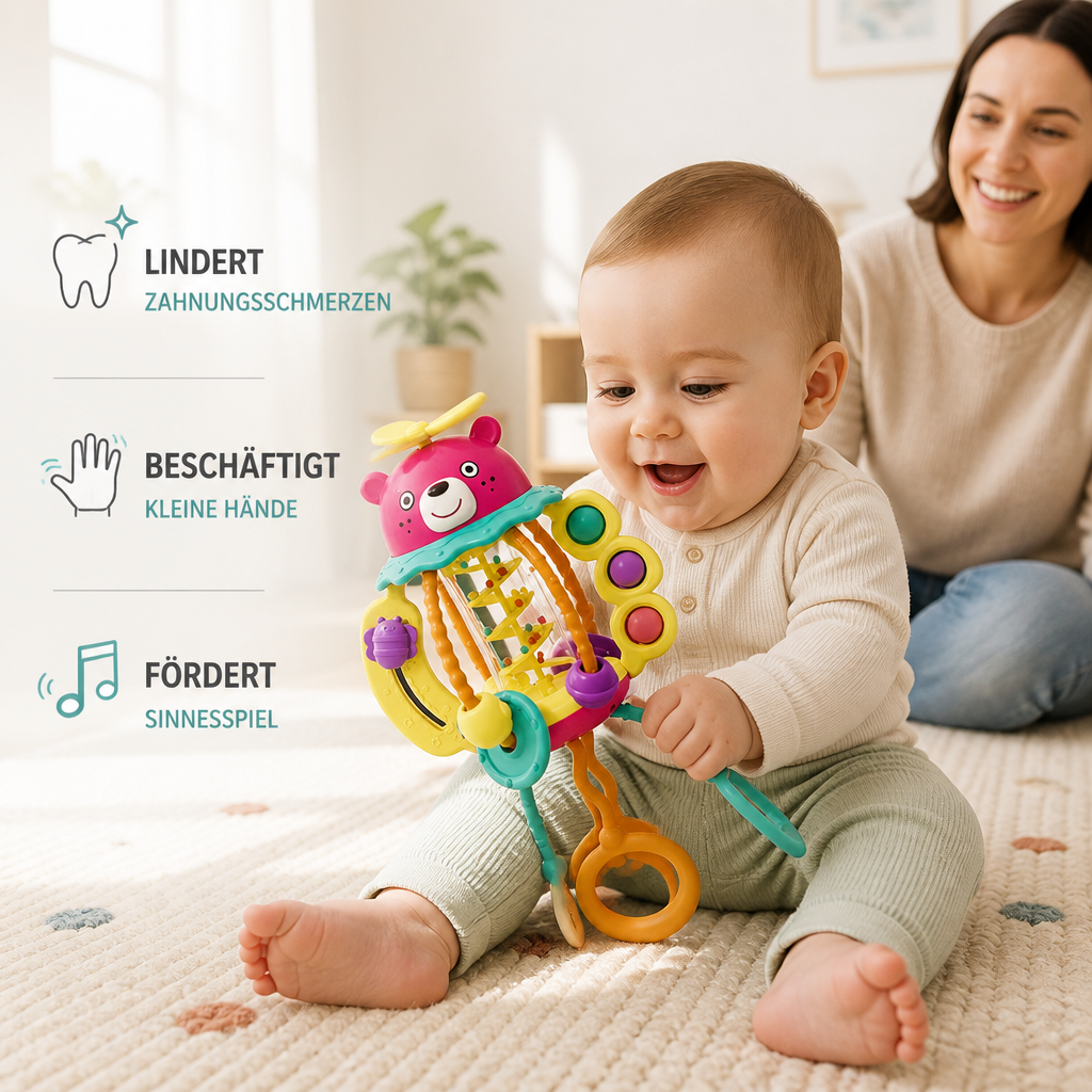 3-in-1 multisensorisches Beißspielzeug mit Zugschnüren, Rassel- & Regengeräuschen für Babys