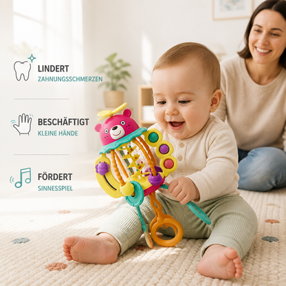 3-in-1 multisensorisches Beißspielzeug mit Zugschnüren, Rassel- & Regengeräuschen für Babys