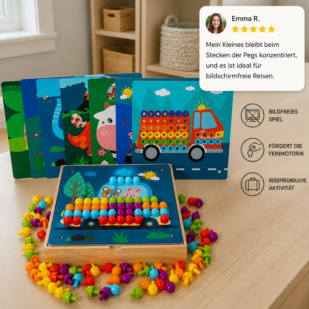 4-in-1 Montessori-Sensorik-Reisebrett aus Holz mit Zahnrädern & bunten Steckelementen