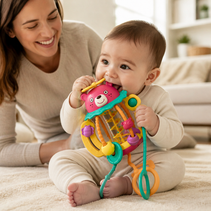 3-in-1 multisensorisches Beißspielzeug mit Zugschnüren, Rassel- & Regengeräuschen für Babys