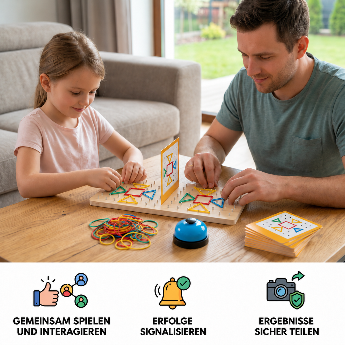 Montessori Holz-Geometrie-Duellspiel mit bunten Gummibändern