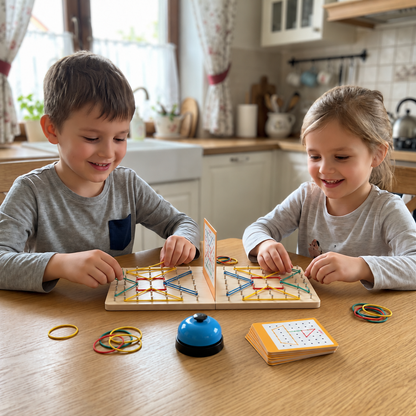 Montessori Holz-Geometrie-Duellspiel mit bunten Gummibändern