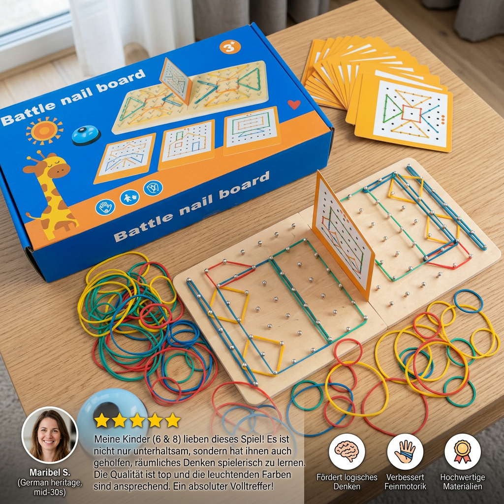 Montessori Holz-Geometrie-Duellspiel mit bunten Gummibändern