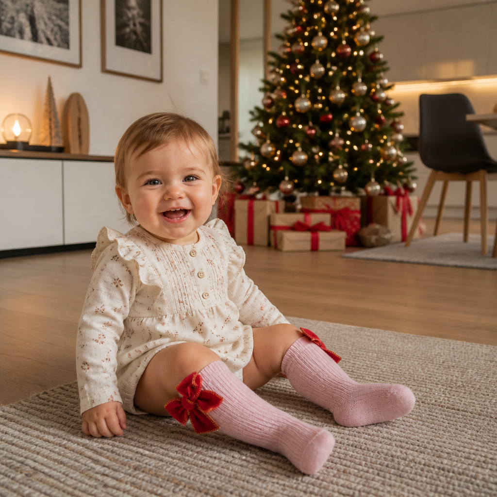 Weihnachtliche Kniestrümpfe für Baby-Mädchen mit Samtschleifen