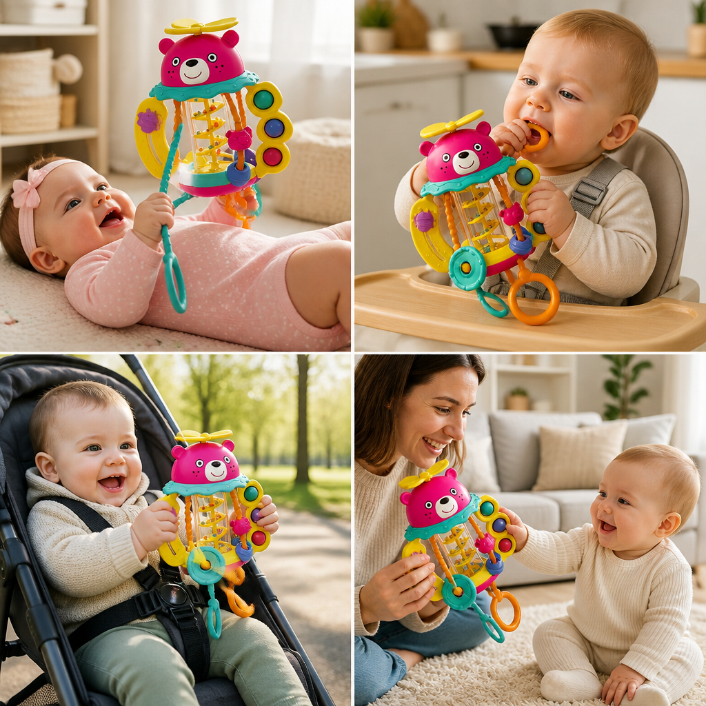 3-in-1 multisensorisches Beißspielzeug mit Zugschnüren, Rassel- & Regengeräuschen für Babys