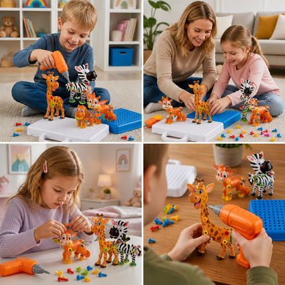 Safari-Tier-Bausteinset mit elektrischem Spielzeugbohrer für Kinder