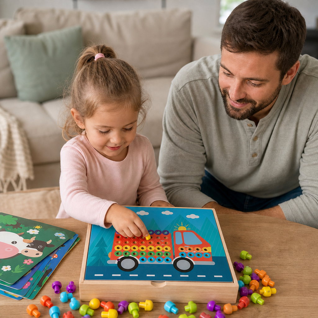 4-in-1 Montessori-Sensorik-Reisebrett aus Holz mit Zahnrädern & bunten Steckelementen