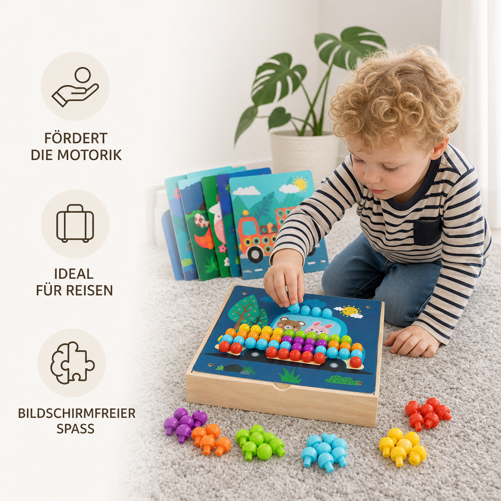 4-in-1 Montessori-Sensorik-Reisebrett aus Holz mit Zahnrädern & bunten Steckelementen