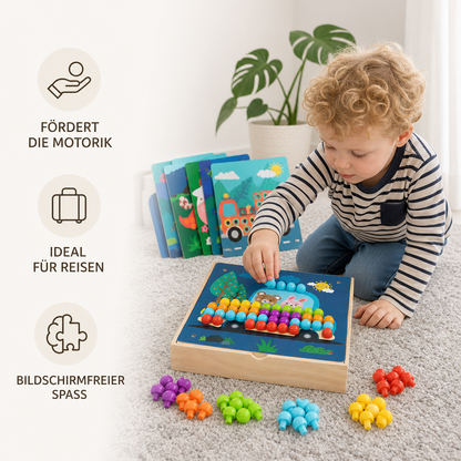 4-in-1 Montessori-Sensorik-Reisebrett aus Holz mit Zahnrädern & bunten Steckelementen