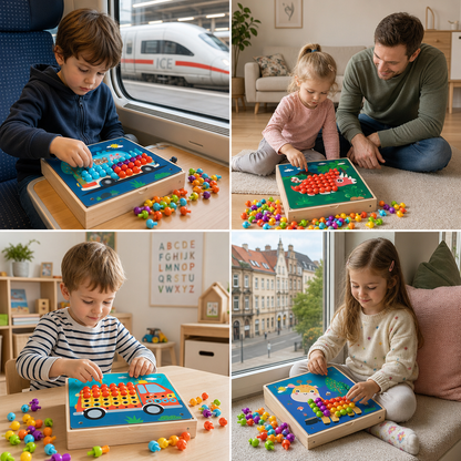 4-in-1 Montessori-Sensorik-Reisebrett aus Holz mit Zahnrädern & bunten Steckelementen