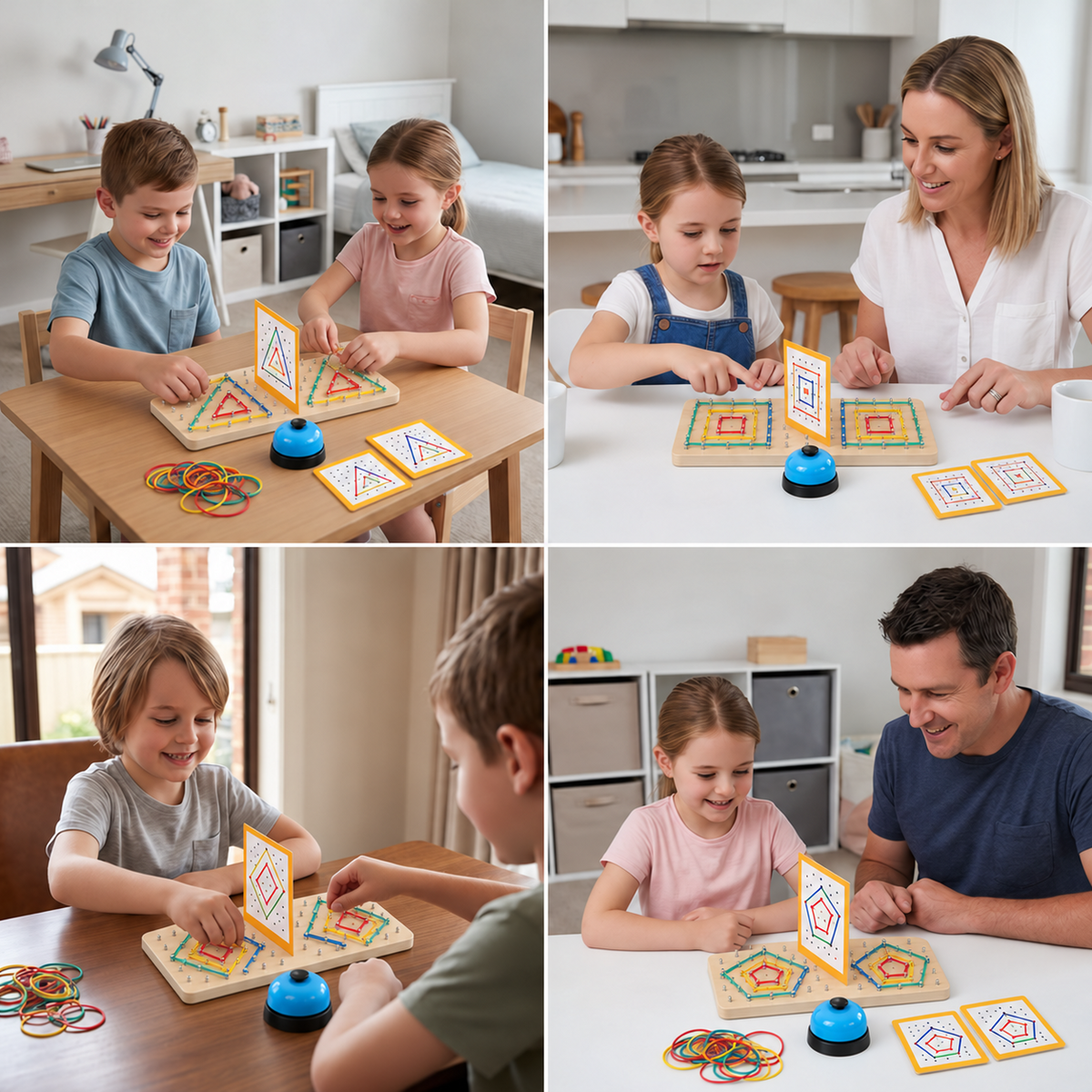 Montessori Holz-Geometrie-Duellspiel mit bunten Gummibändern