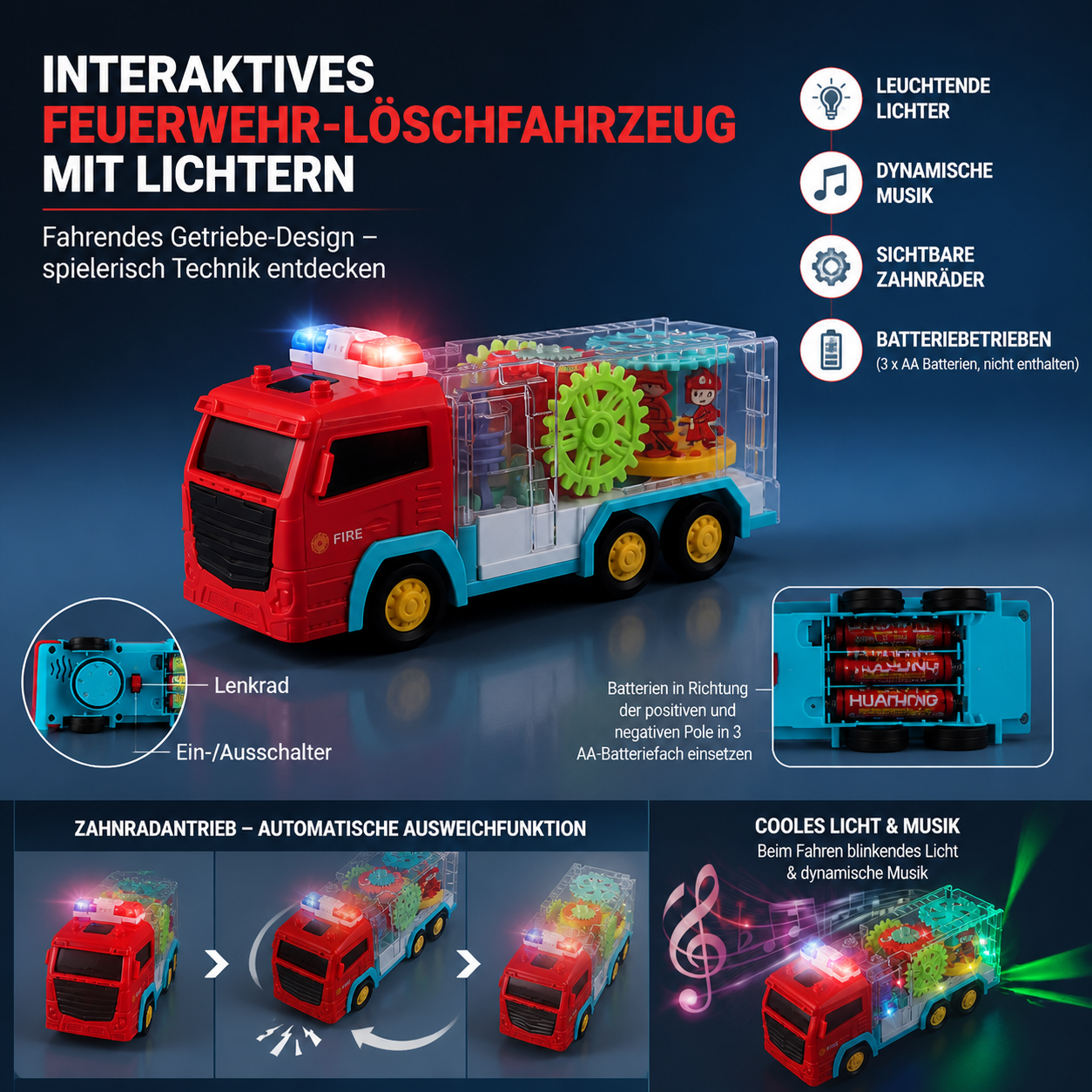 Interaktives Feuerwehrwagen-Zahnradspielzeug mit Licht