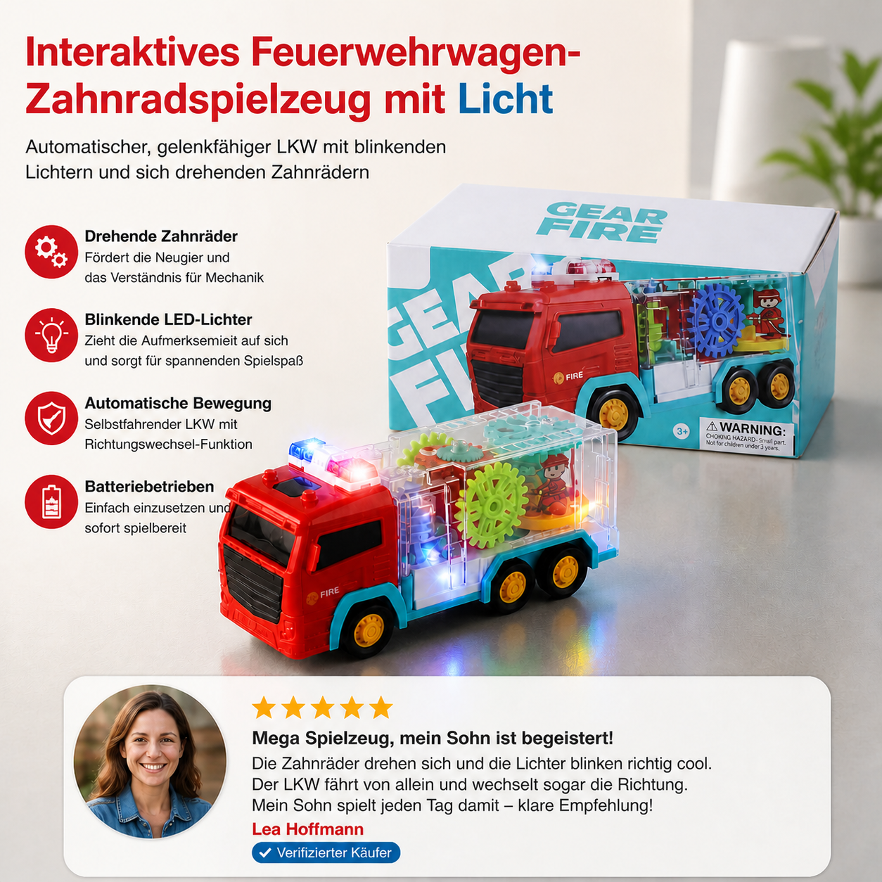 Interaktives Feuerwehrwagen-Zahnradspielzeug mit Licht