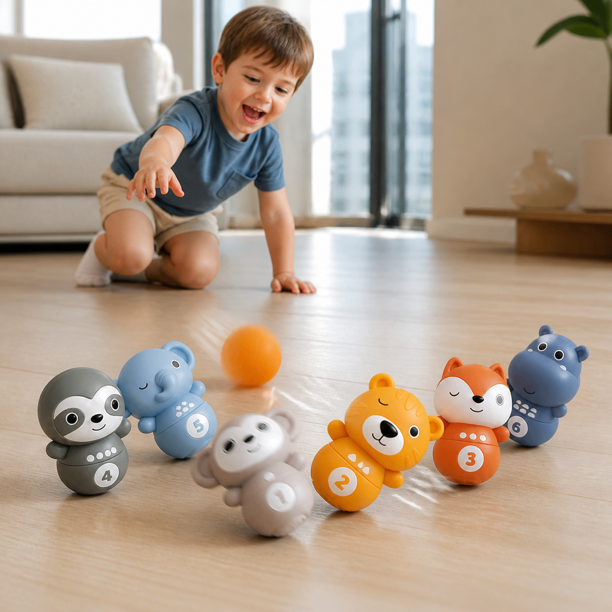 6-in-1 weiches Tier-Bowling- & Stapelspiel aus Gummi – Montessori-Lernspielzeug für Kinder