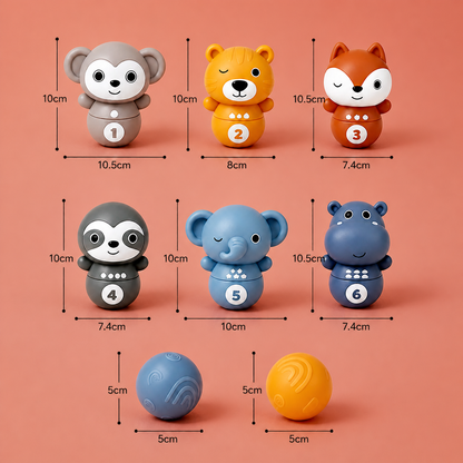 6-in-1 weiches Tier-Bowling- & Stapelspiel aus Gummi – Montessori-Lernspielzeug für Kinder