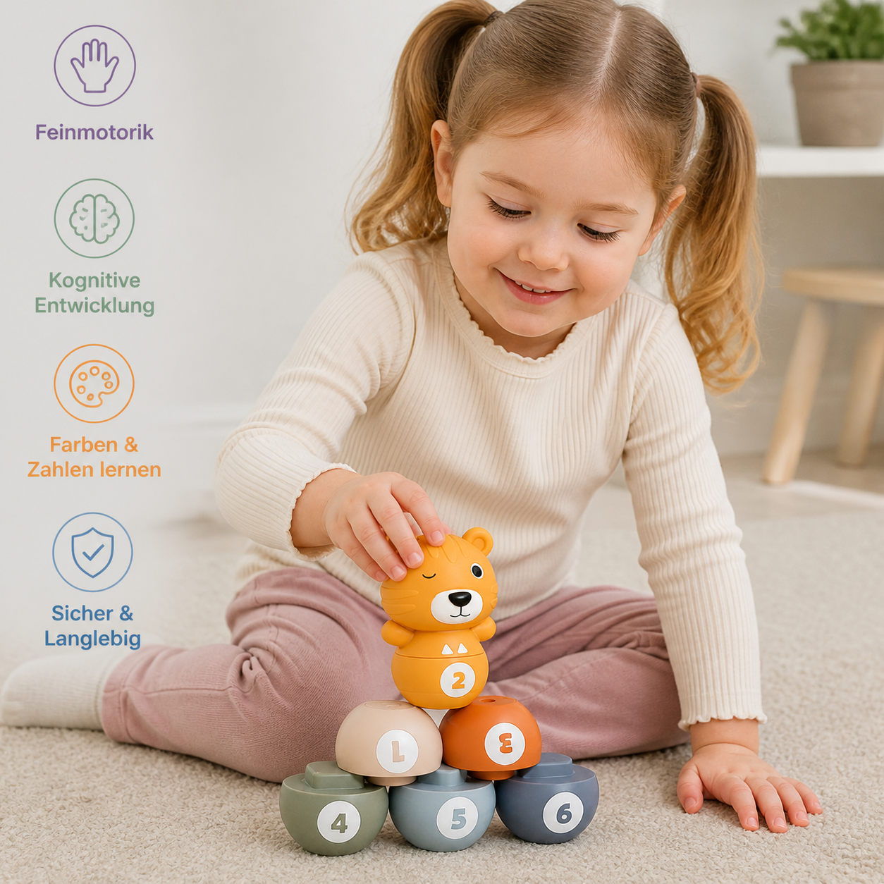 6-in-1 weiches Tier-Bowling- & Stapelspiel aus Gummi – Montessori-Lernspielzeug für Kinder