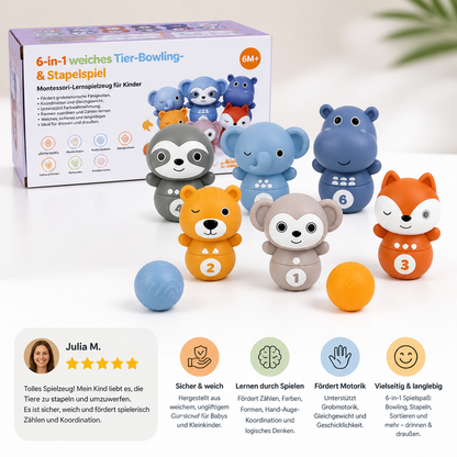 6-in-1 weiches Tier-Bowling- & Stapelspiel aus Gummi – Montessori-Lernspielzeug für Kinder